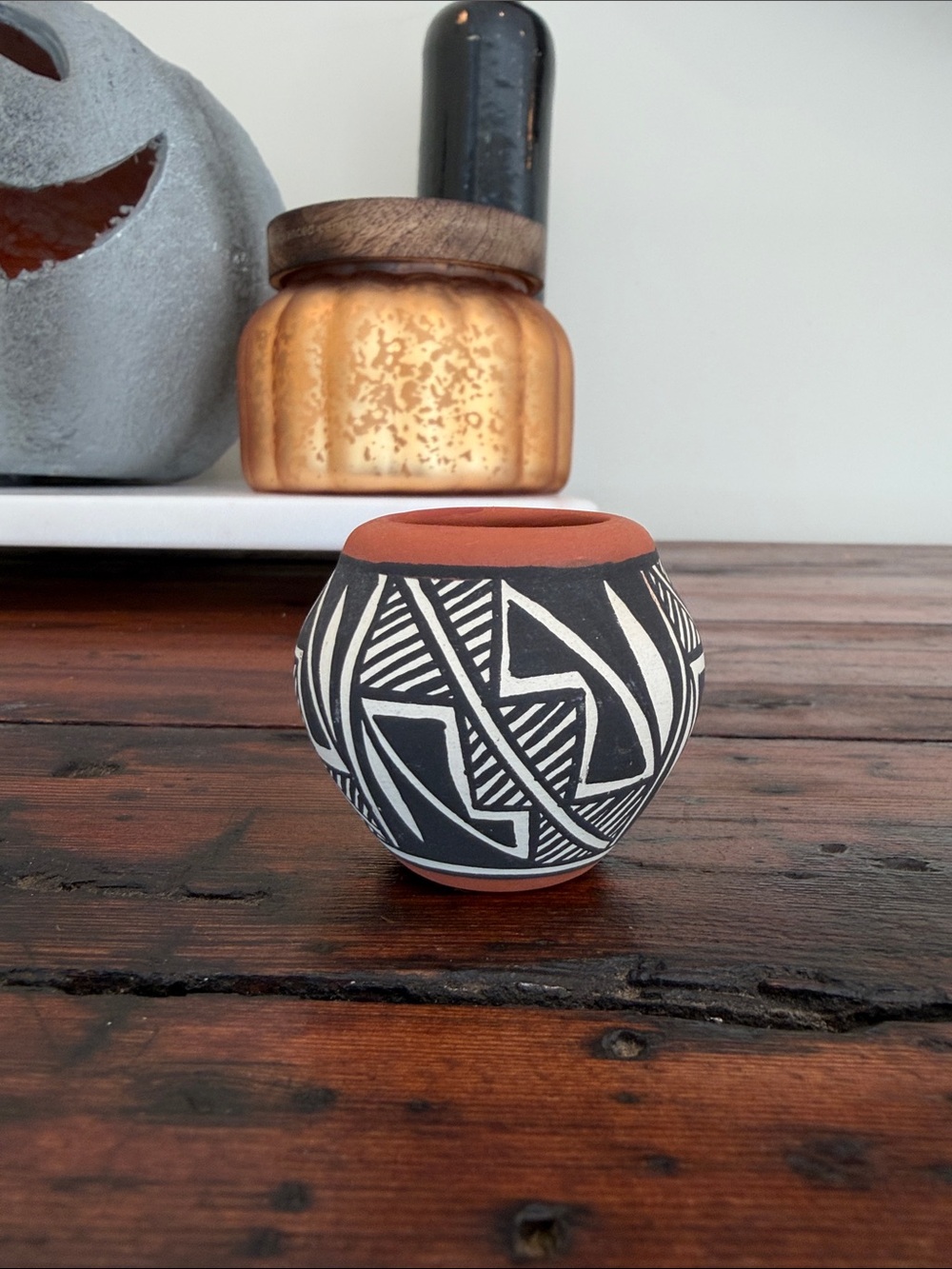 Handcrafted Acoma Pueblo Pottery Miniature Geometric Pot. Signed EC.
